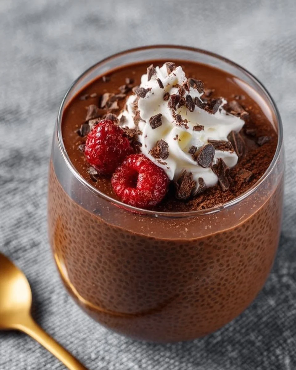 Delicious chocolate chia seed pudding topped with fresh berries and mint.