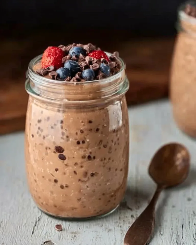 Delicious Chocolate Protein Overnight Oats in a bowl topped with fruit and nuts