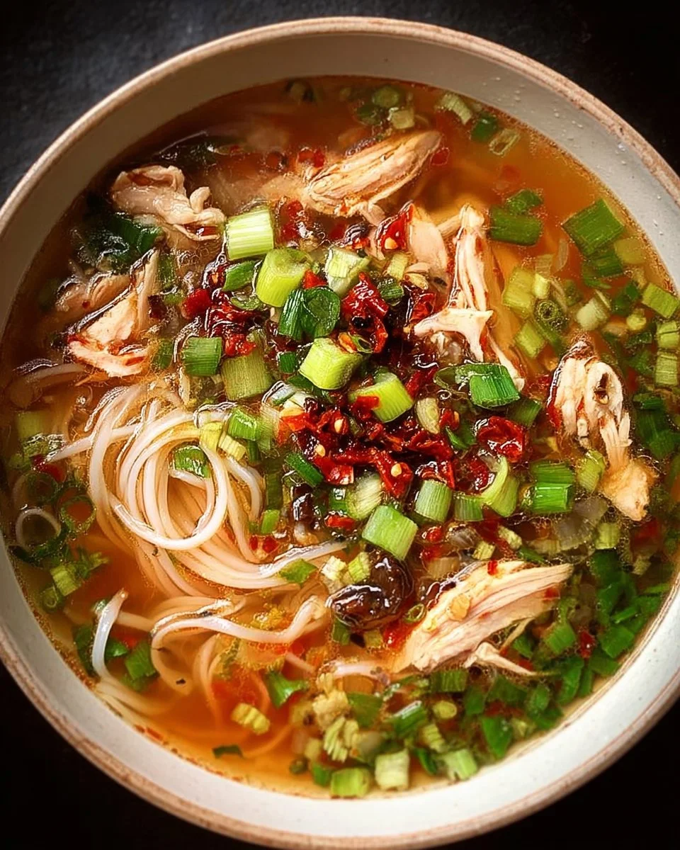 A bowl of classic ginger garlic chicken noodle soup garnished with herbs.