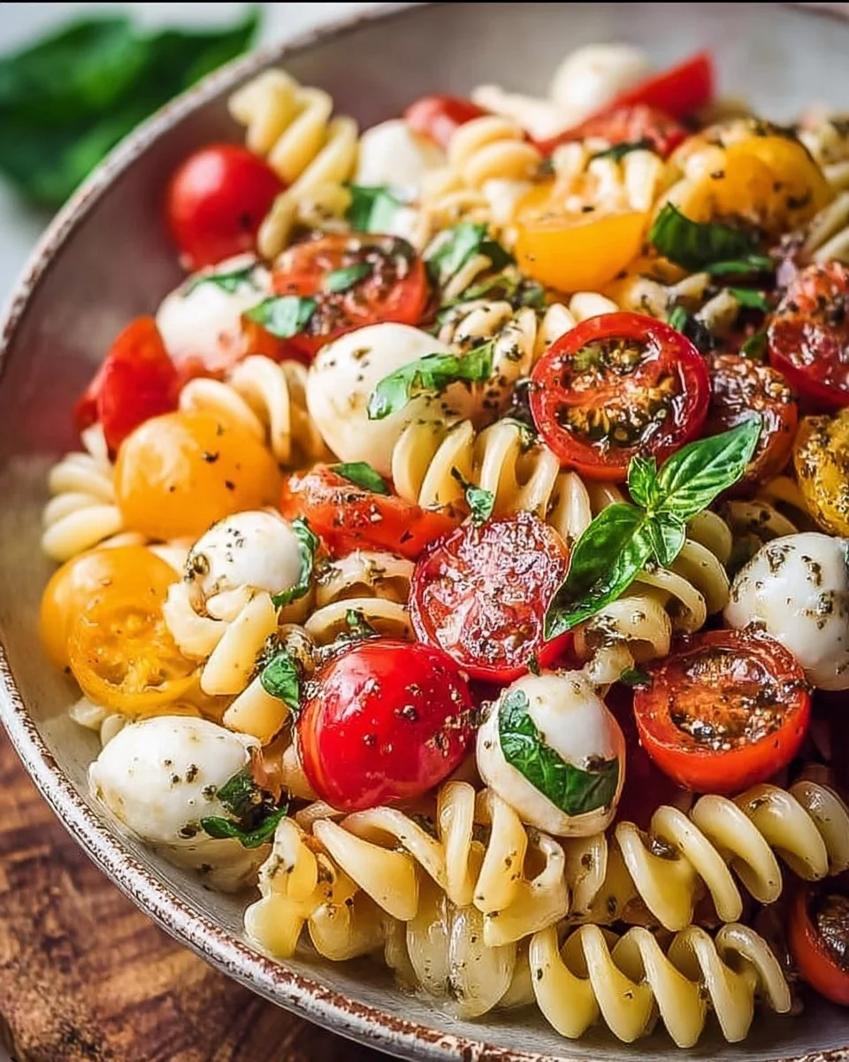 Colorful Caprese Pasta Salad featuring fresh tomatoes, mozzarella, and basil