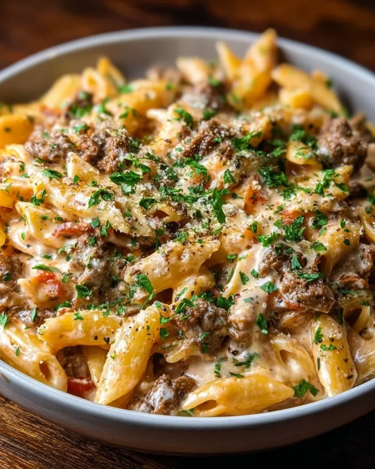 Creamy beef pasta dish with fresh herbs and parmesan cheese