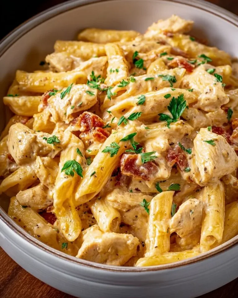 Bowl of creamy Cajun Chicken Pasta with colorful vegetables and spices