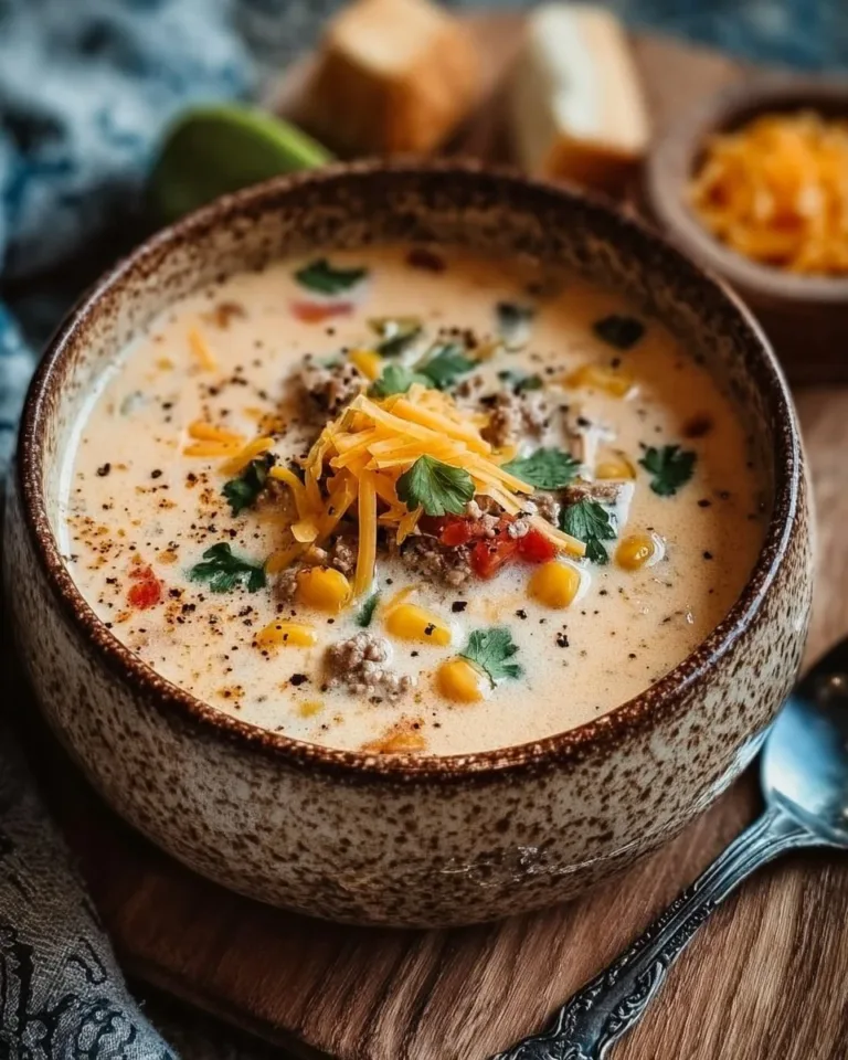 A bowl of creamy cowboy soup garnished with herbs and spices.