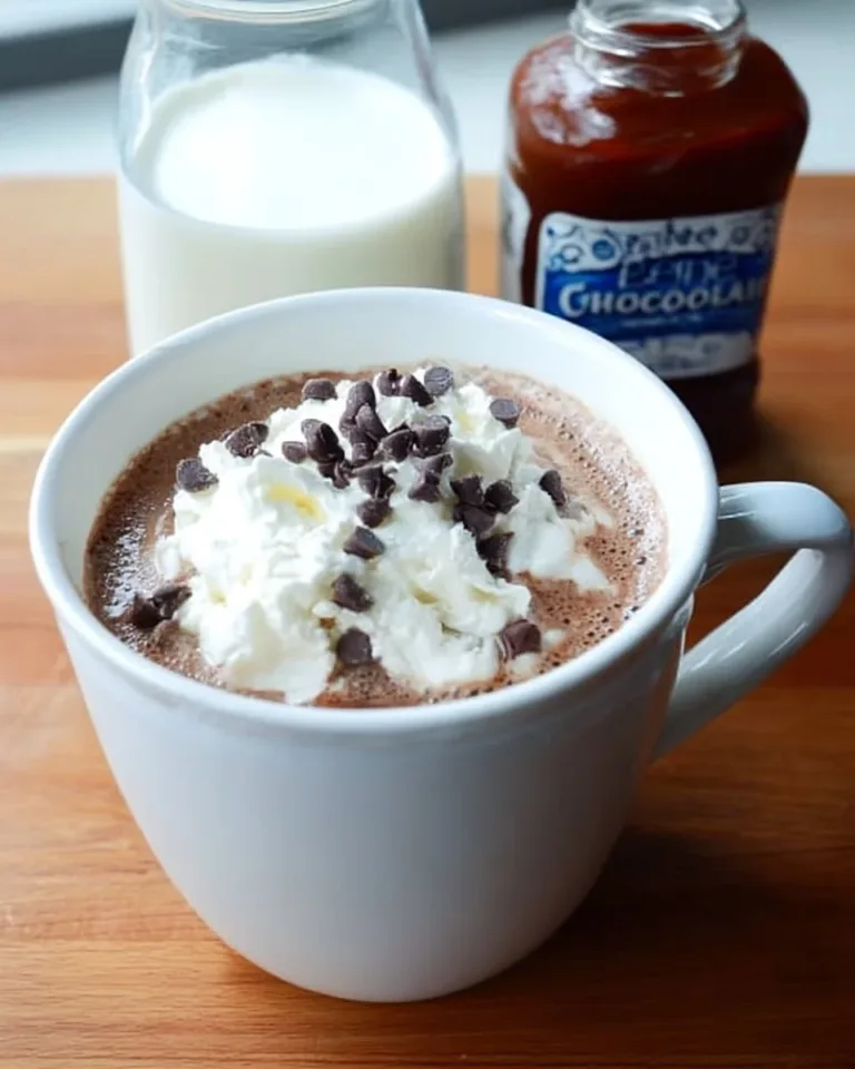 A mug of creamy crockpot hot chocolate topped with whipped cream and chocolate shavings