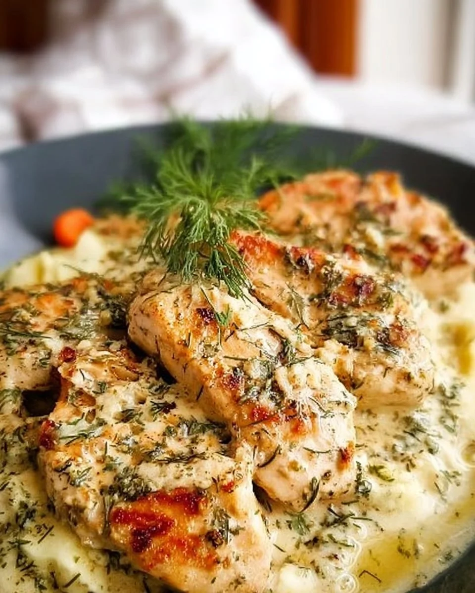 Plate of creamy dill chicken served with vegetables