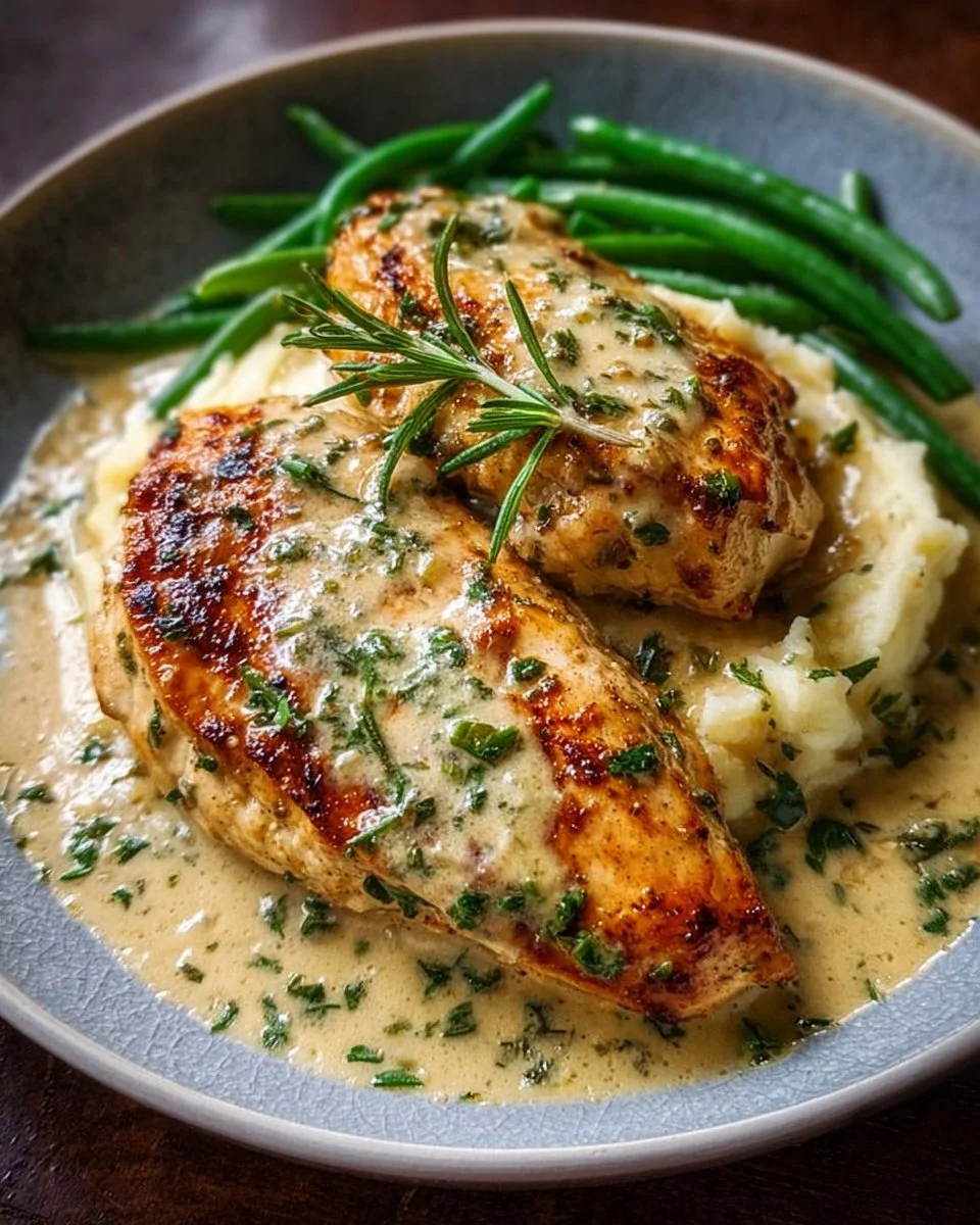 Creamy Garlic Parmesan Chicken Breast served on a plate with herbs