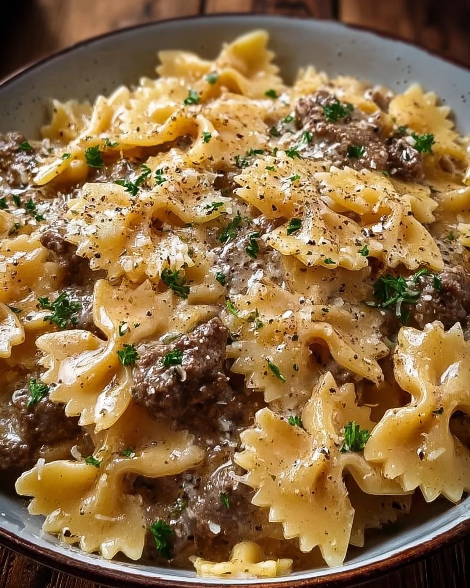 Creamy Parmesan garlic beef bowtie pasta served in a bowl