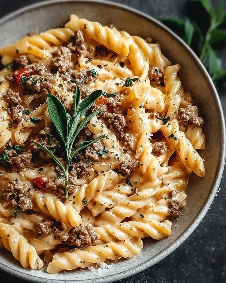 Creamy Rotel Pasta dish with ground beef and cheese, ready in 30 minutes.