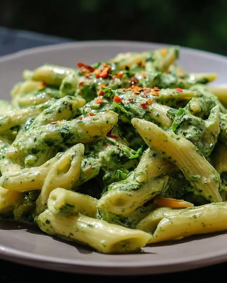 Plate of creamy spinach pasta topped with fresh herbs