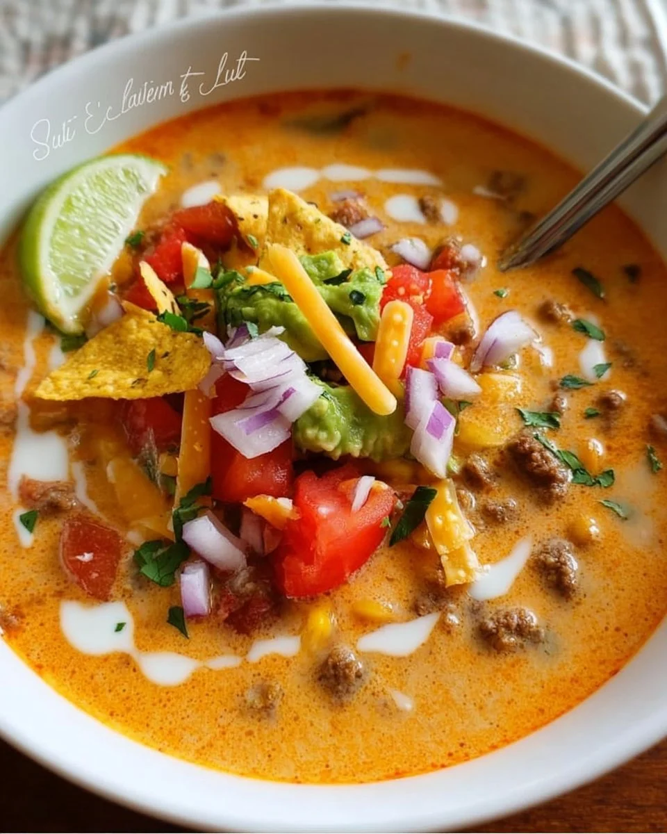 Bowl of creamy taco soup garnished with cheese and cilantro
