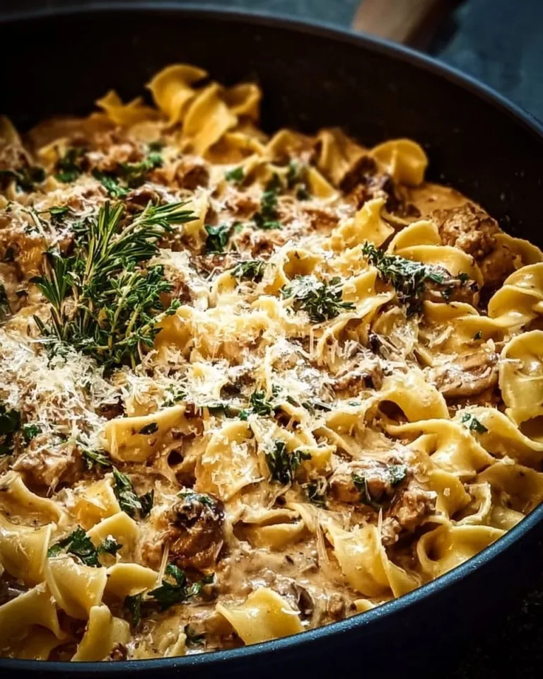 Creamy turkey stroganoff served with pasta and fresh herbs