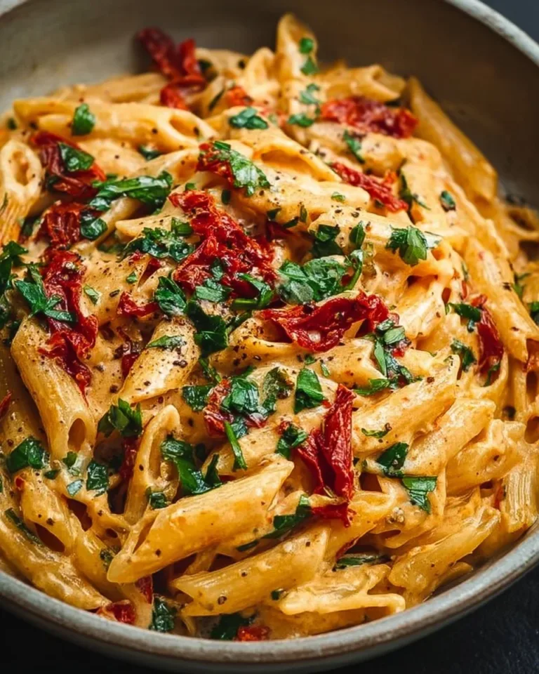Creamy vegan sun-dried tomato pasta garnished with fresh basil and served in a bowl