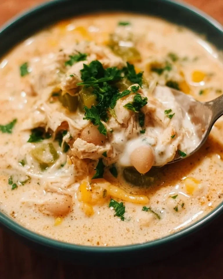 Creamy white chicken chili in a bowl with toppings