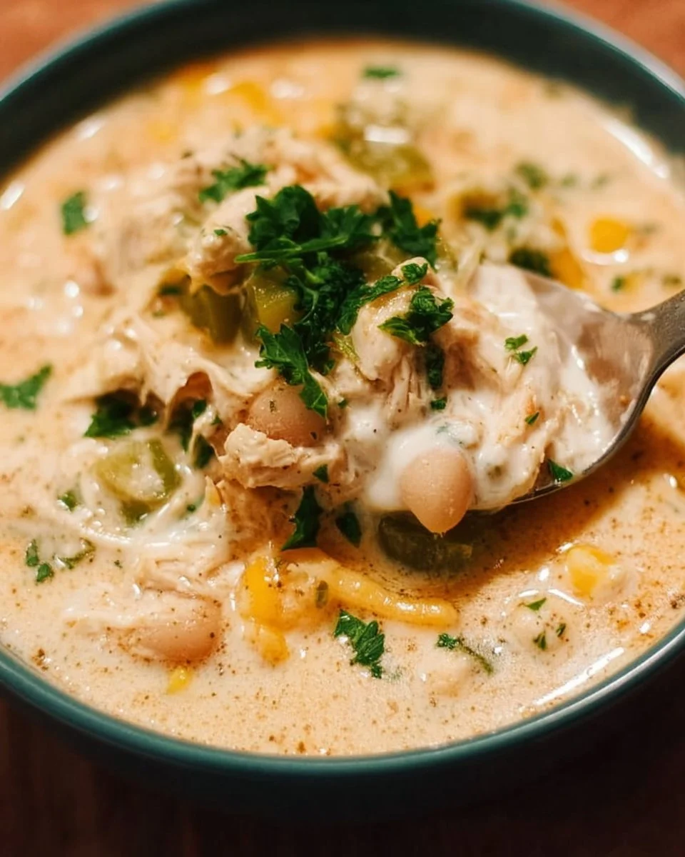 Creamy white chicken chili in a bowl with toppings