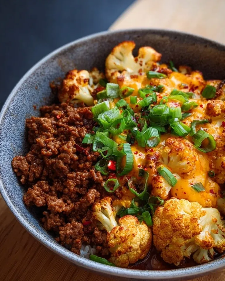 Crispy Chile Ground Beef served with cauliflower on a plate