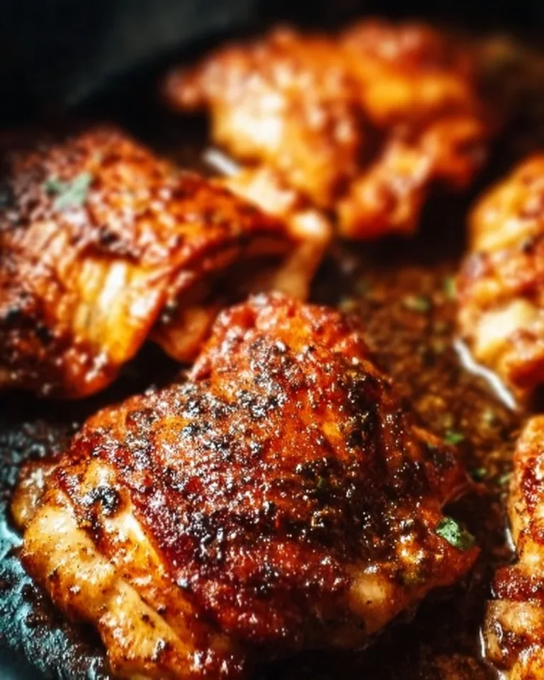 Crispy oven baked chicken thighs served on a plate with herbs and spices