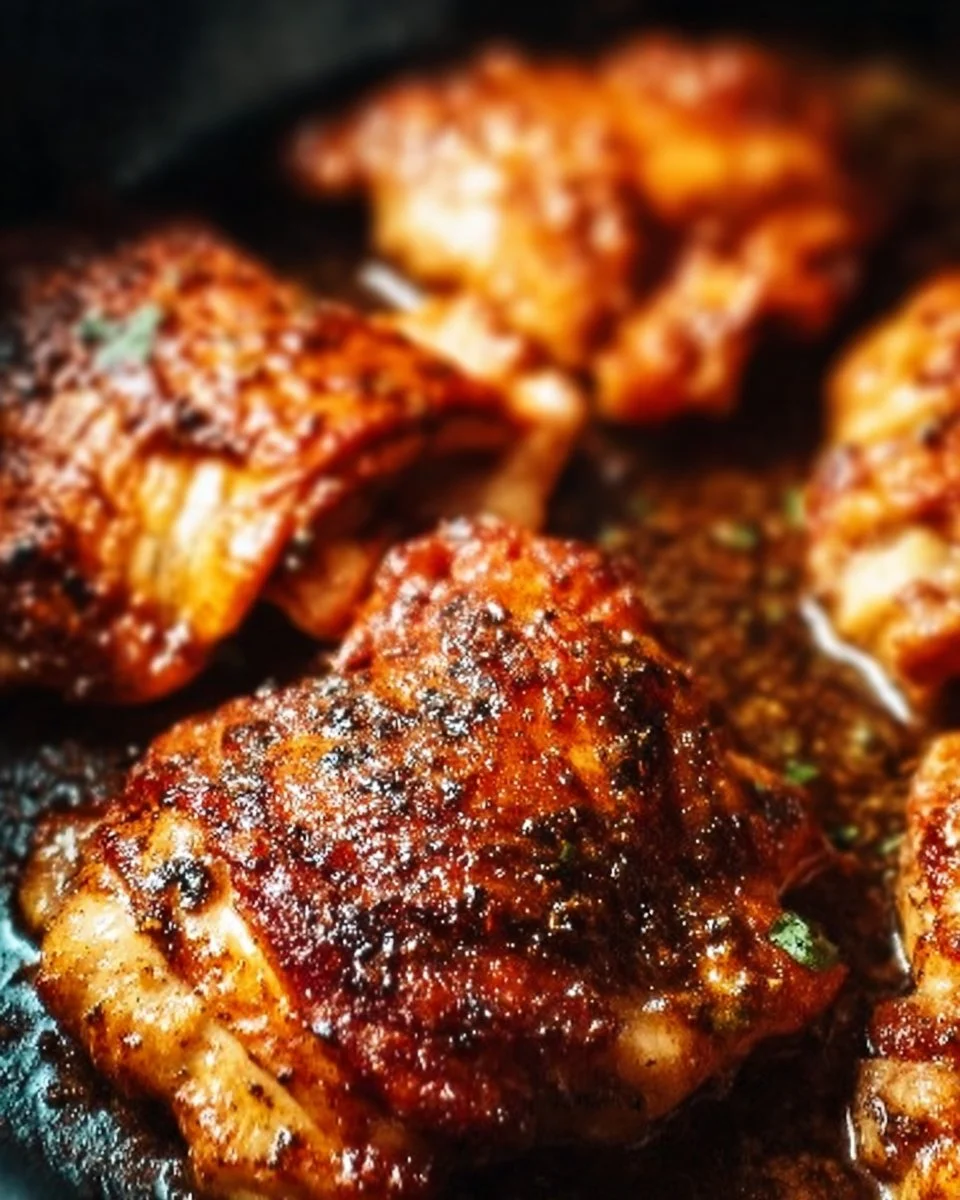 Crispy oven baked chicken thighs served on a plate with herbs and spices