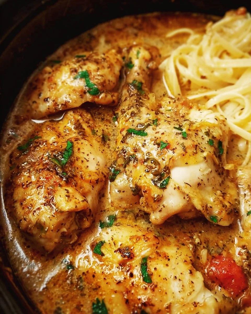 Crock Pot Angel Chicken recipe featuring tender chicken coated in creamy sauce.