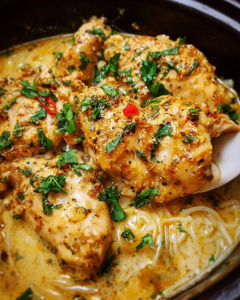 A serving of Crock Pot Angel Chicken on a plate garnished with fresh herbs.