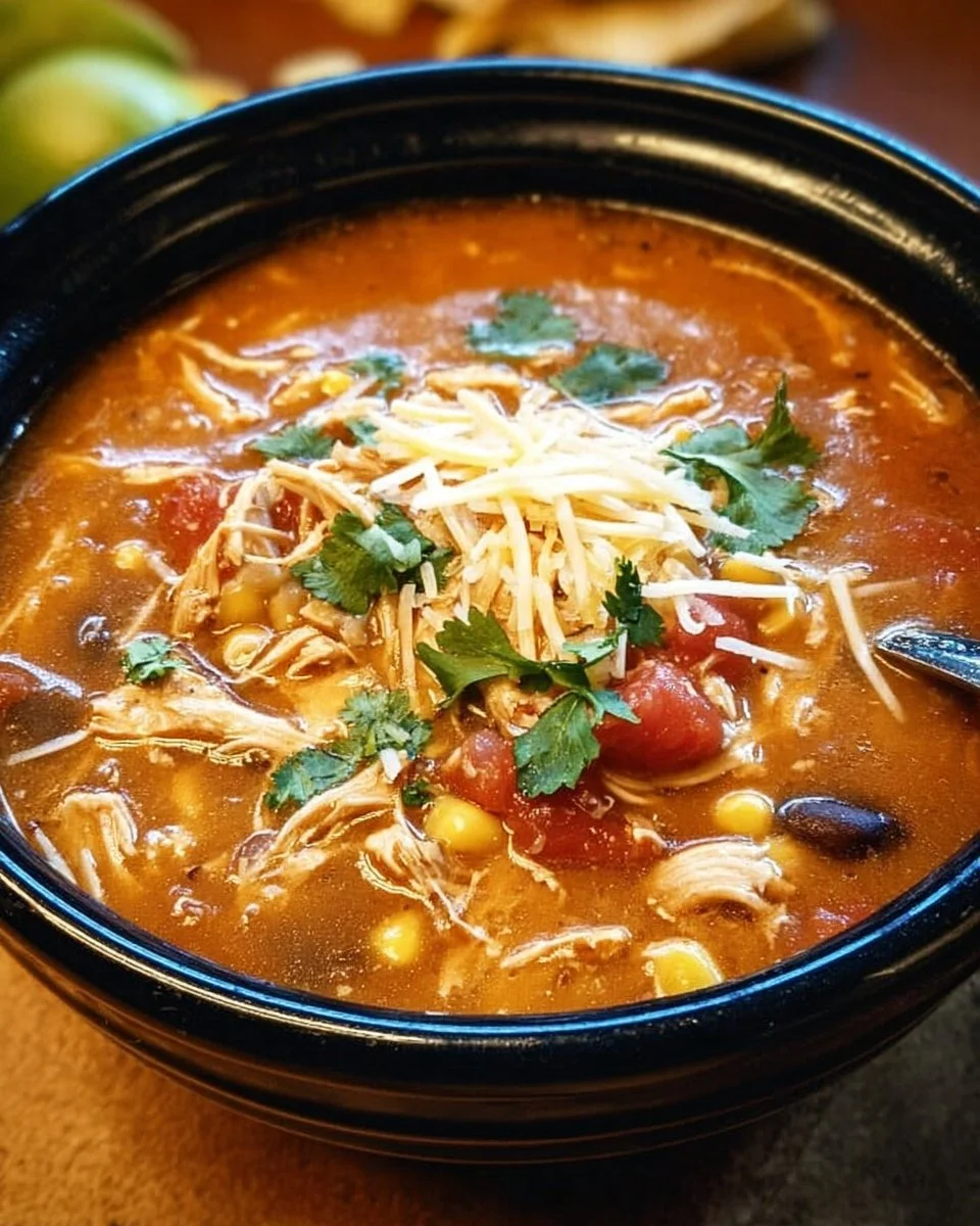 Bowl of Crockpot chicken tortilla soup topped with tortilla strips and cilantro.