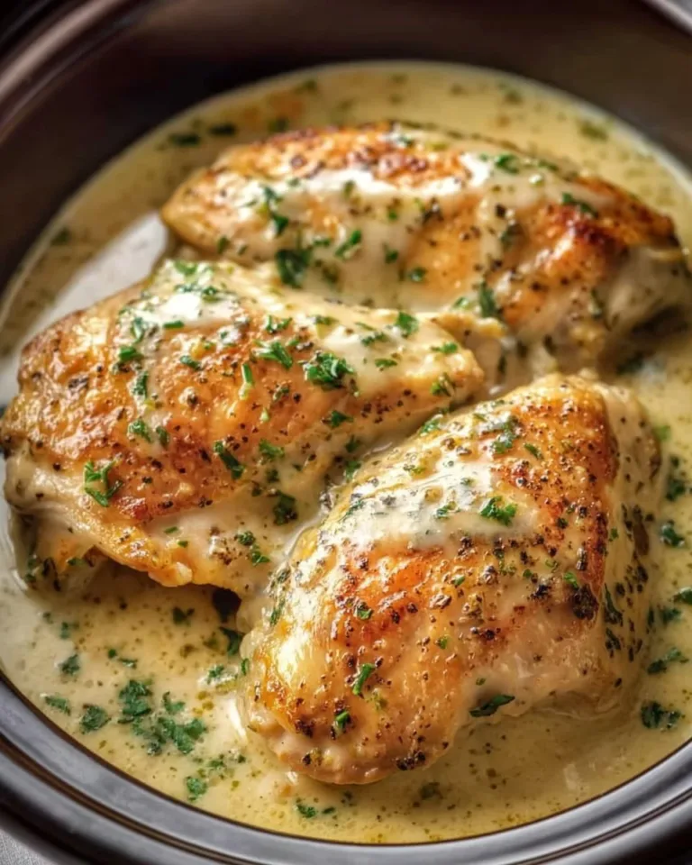 Crockpot Creamy Garlic Parmesan Chicken served on a plate with herbs