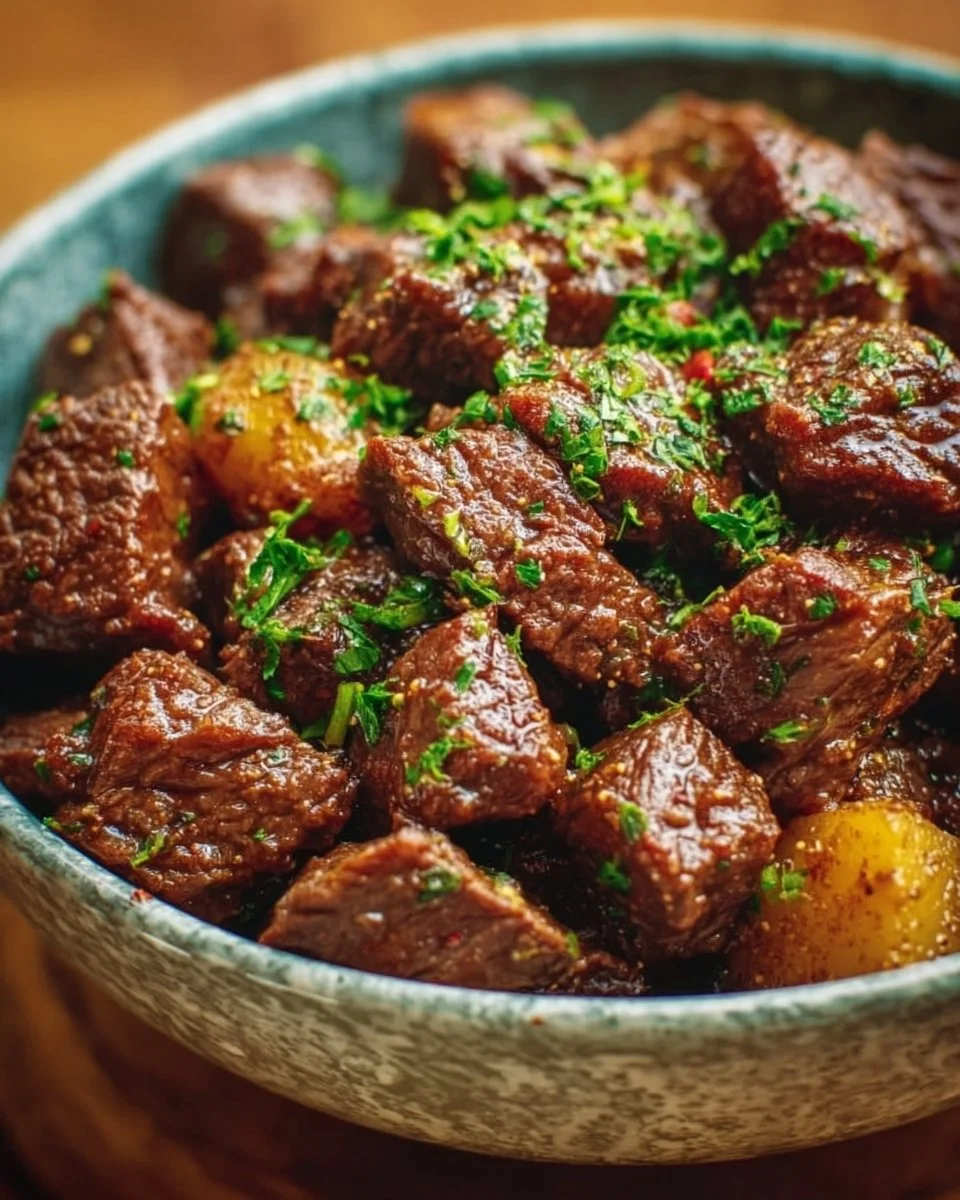 Crockpot garlic butter beef dish served with herbs and vegetables