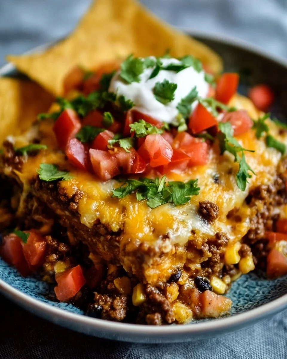 Delicious crockpot taco casserole topped with cheese and spices in a serving dish.