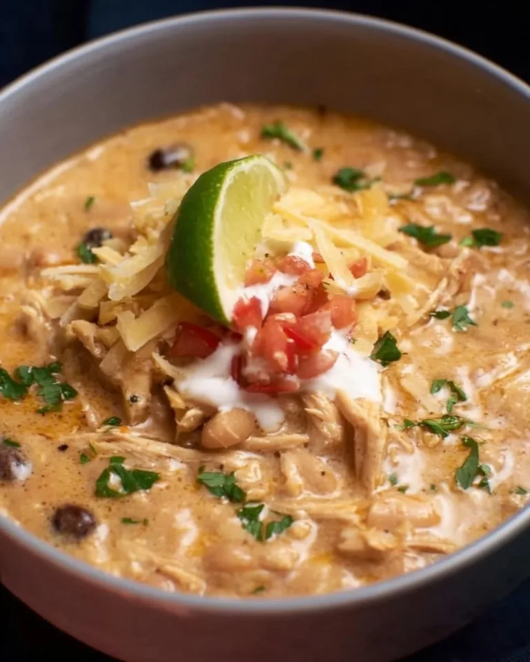 Bowl of creamy Crockpot white chicken chili with cream cheese and toppings