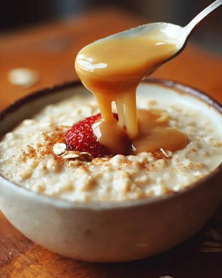 Bowl of creamy custard oatmeal topped with fruits and nuts for a wholesome breakfast.
