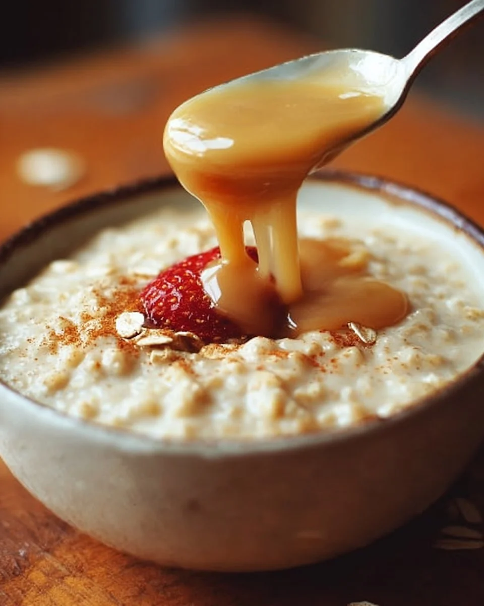 Bowl of creamy custard oatmeal topped with fruits and nuts for a wholesome breakfast.