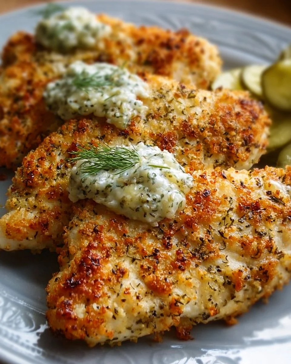 Dill Pickle Parmesan Chicken served on a plate with fresh herbs.