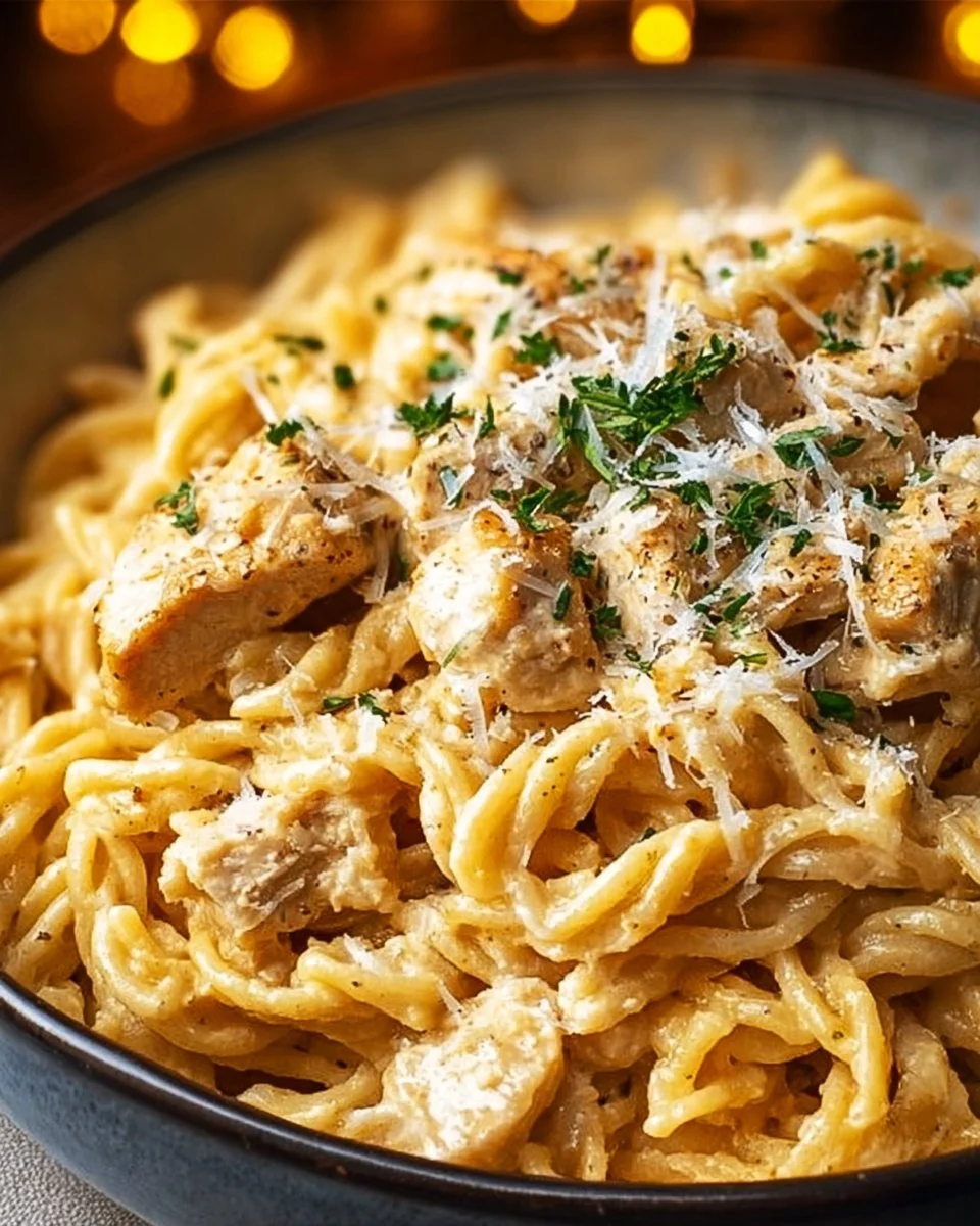 Easy Crockpot Garlic Parmesan Chicken Pasta