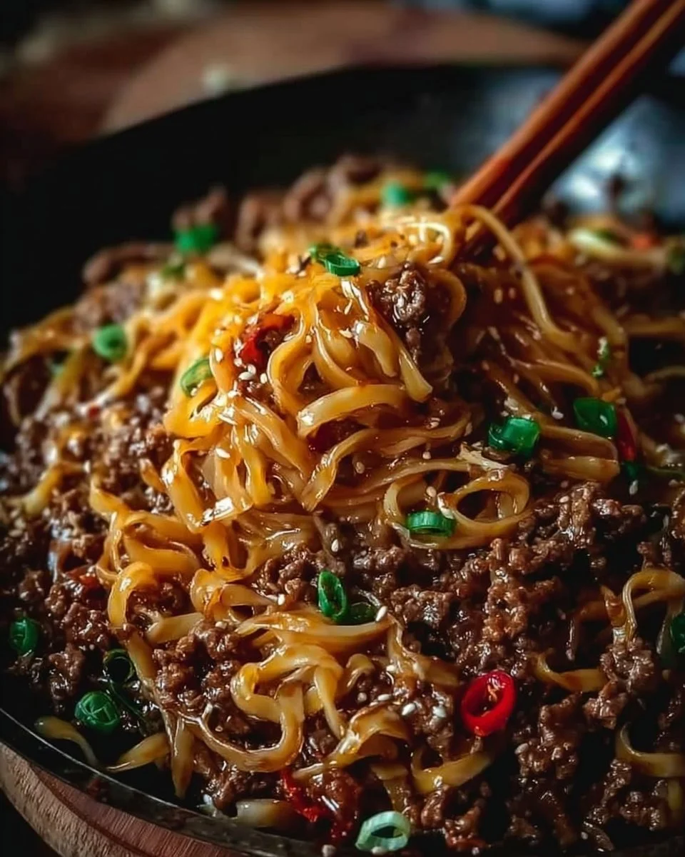 Delicious bowl of easy Mongolian beef noodles ready to serve