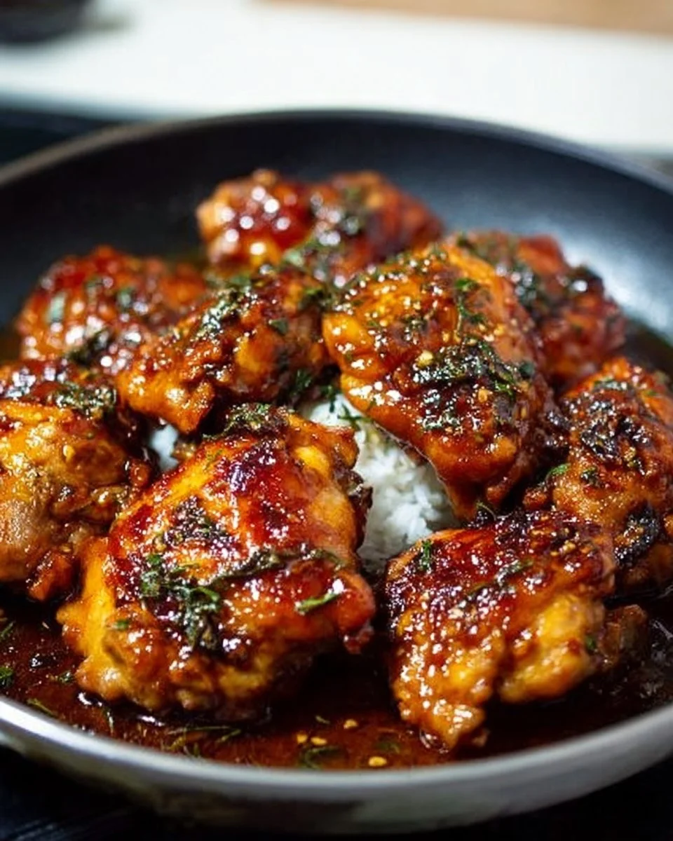 Easy soy garlic chicken thighs with a shiny glaze on a plate