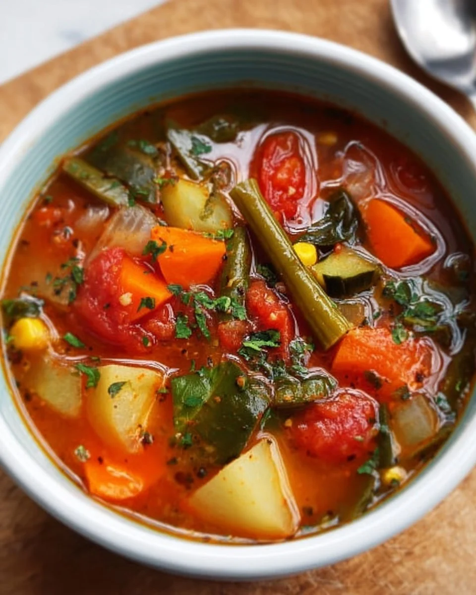 A steaming bowl of easy vegetable soup filled with fresh ingredients.
