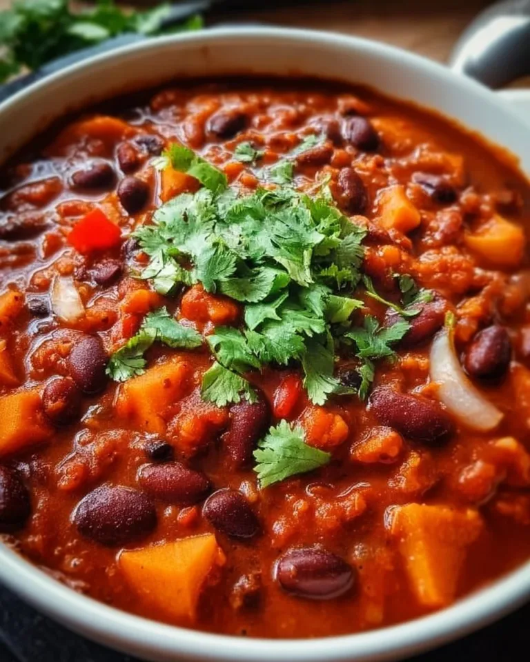 Bowl of easy vegetarian chili topped with fresh cilantro and avocado