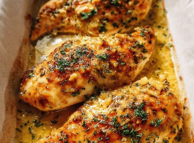 Juicy Garlic Butter Baked Chicken Breast garnished with herbs
