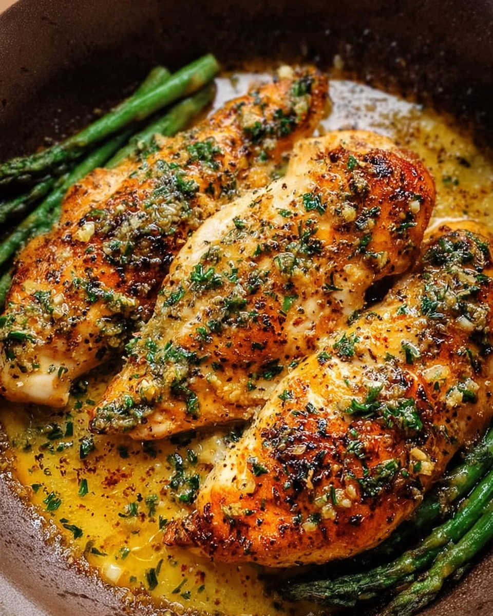Garlic butter baked chicken breast served with herbs and vegetables