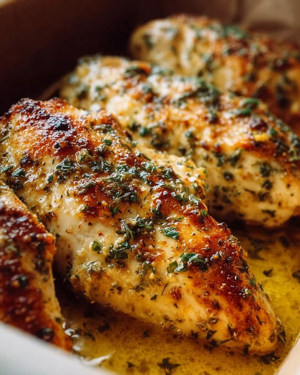 Garlic butter chicken breast dish garnished with herbs on a plate