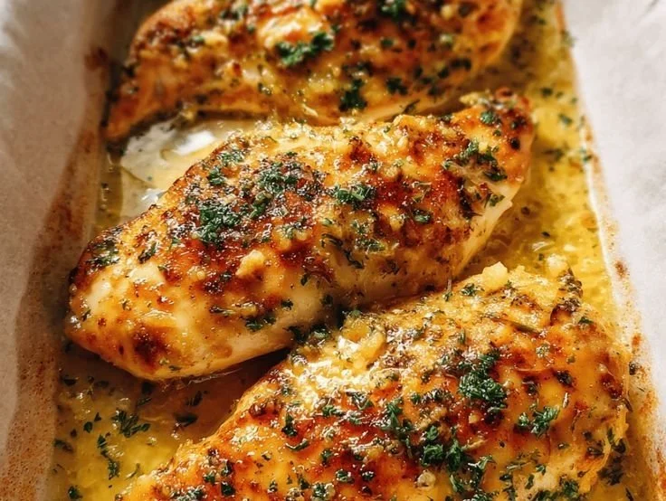 Delicious garlic butter baked chicken breast garnished with herbs