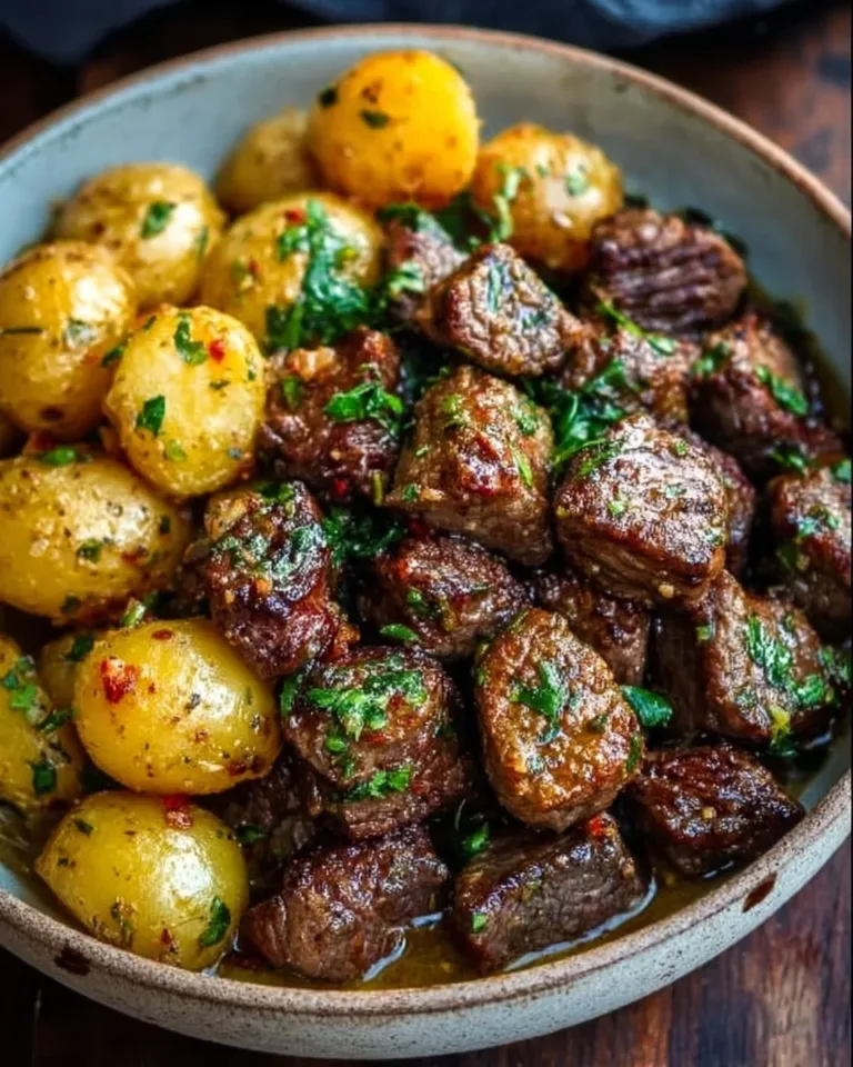 Garlic butter beef bites served with roasted potatoes on a plate