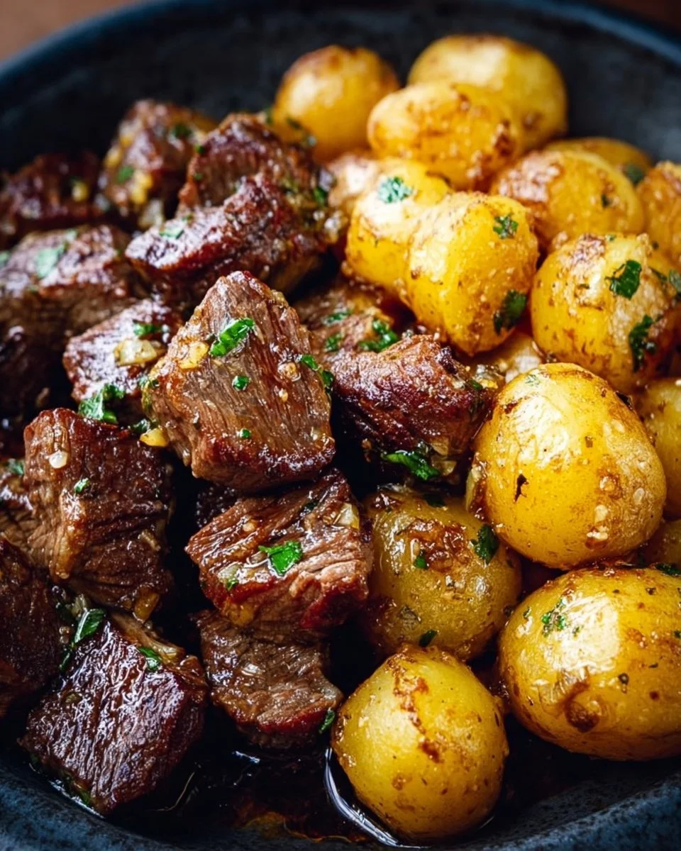 Delicious Garlic Butter Beef Bites served with golden potatoes