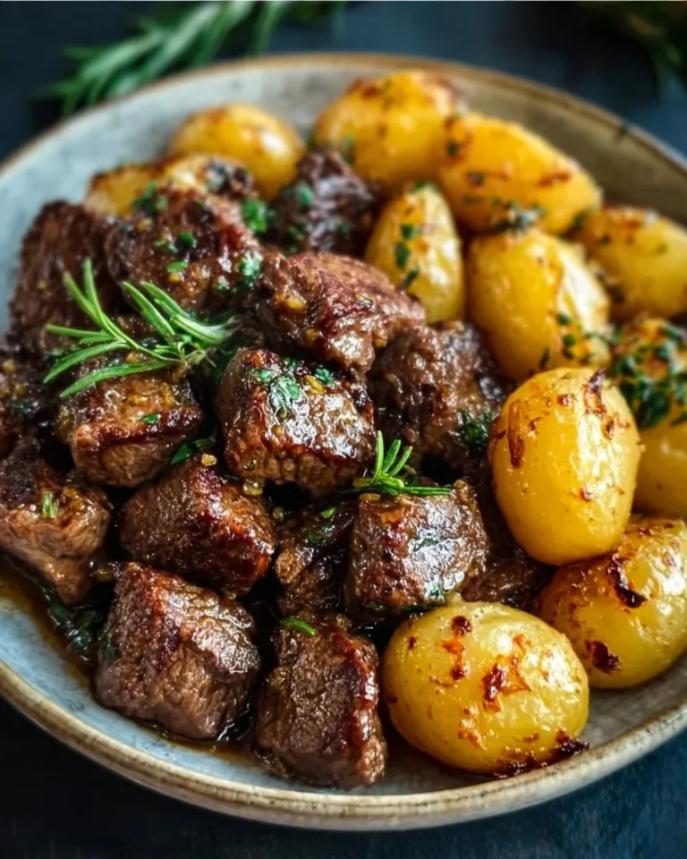 Delicious Garlic Butter Beef Bites served with crispy potatoes