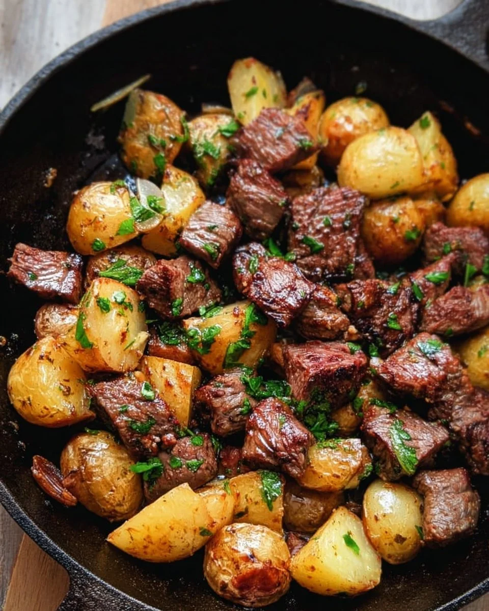 Succulent Garlic Butter Steak Bites served with crispy potatoes