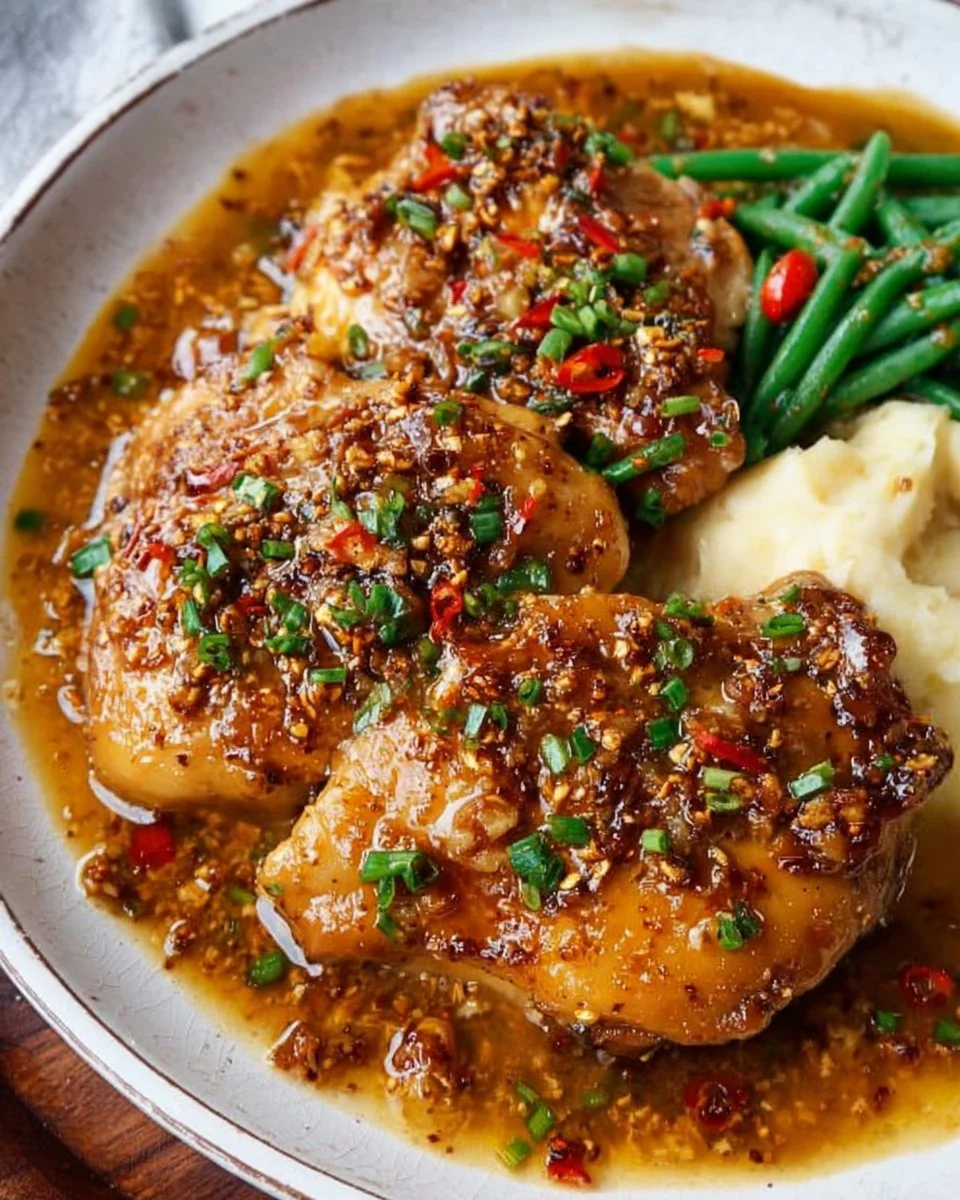 Delicious garlic chicken served with herbs and vegetables