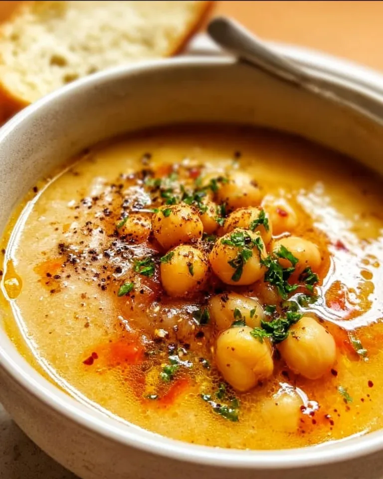 Bowl of Garlic Chickpea Soup garnished with fresh herbs