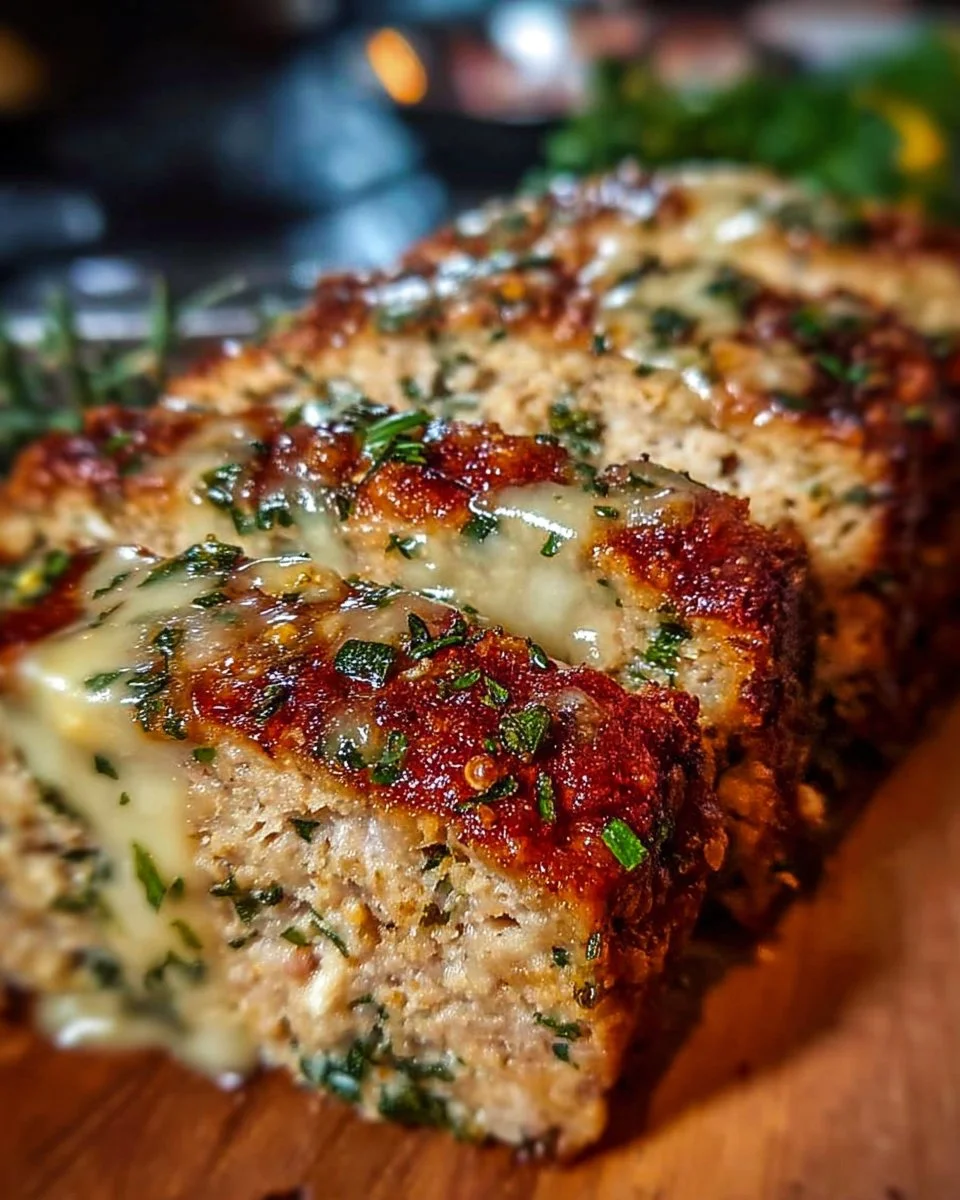 Garlic Parmesan Chicken Meatloaf garnished with herbs on a rustic plate.
