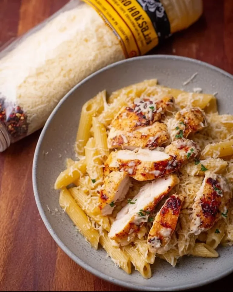 Garlic Parmesan Chicken Pasta with herbs and cheese served in a bowl