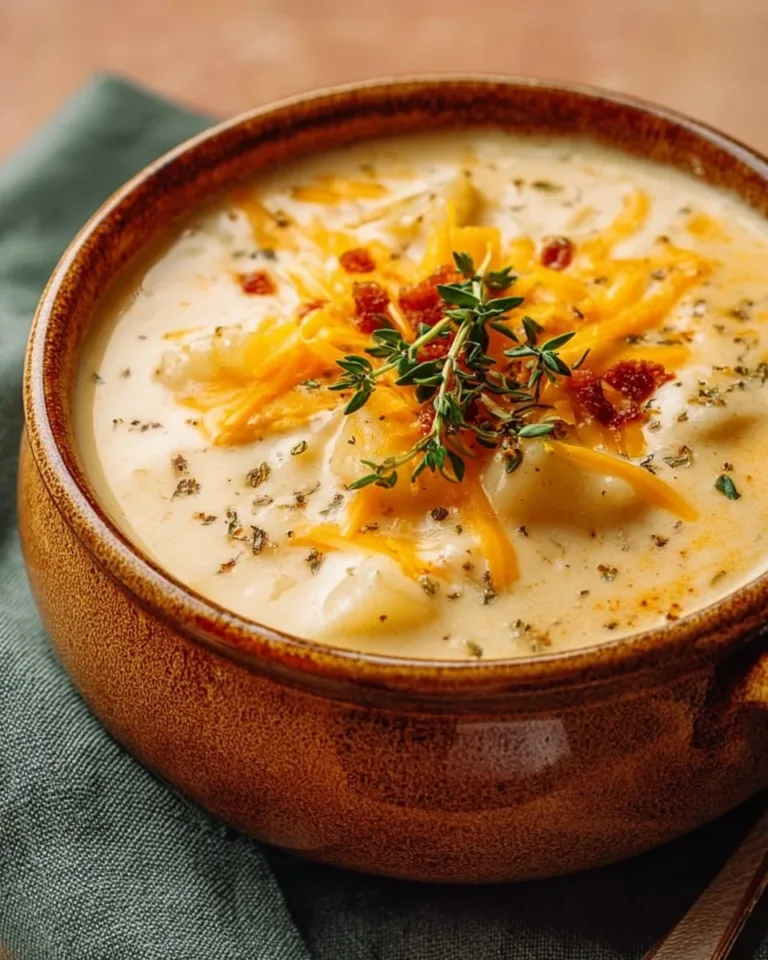 Bowl of gluten-free crock pot cheesy potato soup garnished with herbs.