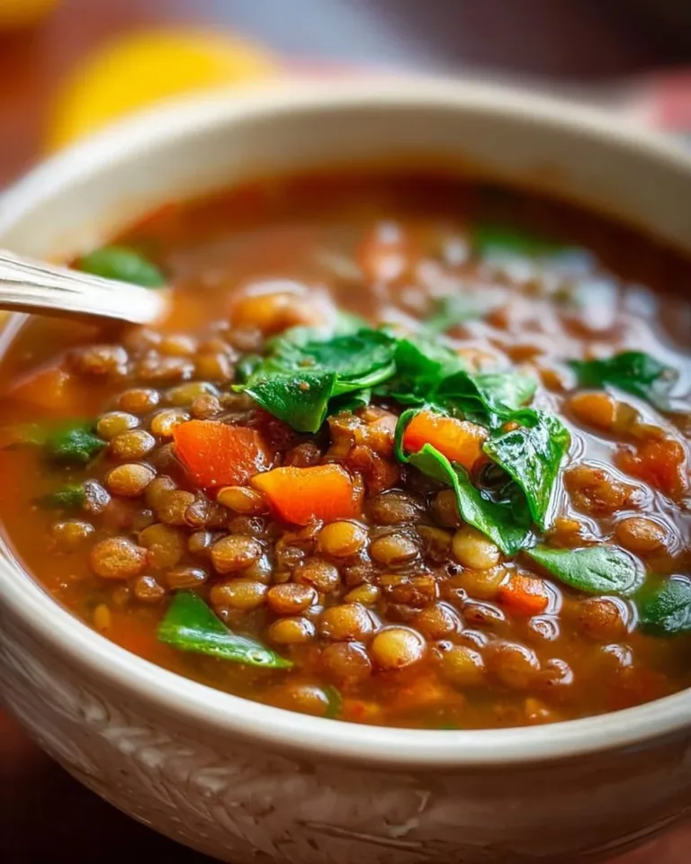 Bowl of gluten-free crockpot Mediterranean lentil soup loaded with vegetables